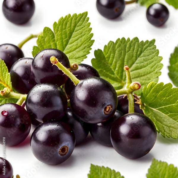 Obraz fresh black currant berries with green leaves isolated on white background for food and fruit design