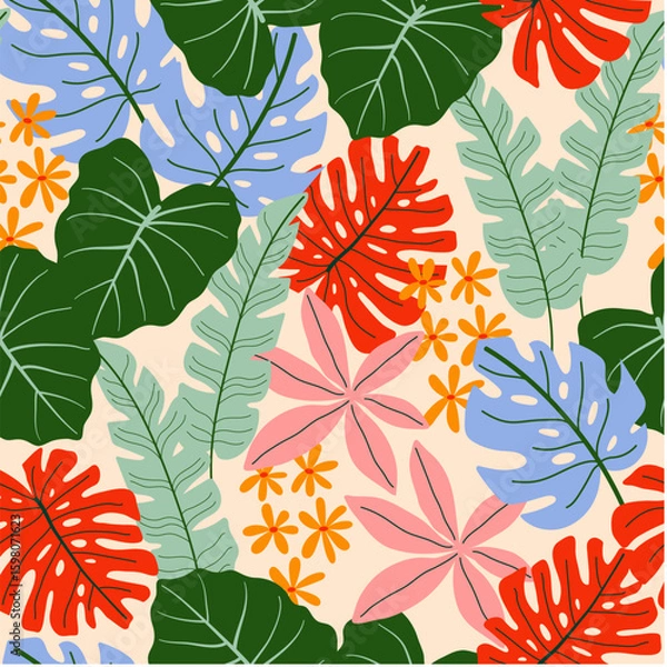 Fototapeta Abstract seamless tropical pattern with bright plants and leaves on a beige background. Beautiful exotic plants.  Jungle leaf seamless vector floral pattern background.