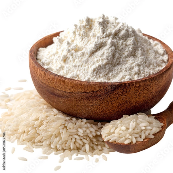Fototapeta PNG of A wooden bowl filled with flour surrounded by grains of rice, creating a natural and rustic kitchen atmosphere.