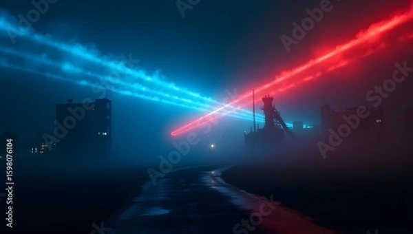 Obraz Moody synthwave industrial landscape; red and blue light streaks, foggy night scene.