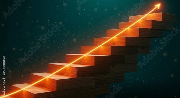 Fototapeta Ascending wooden steps with a glowing orange arrow pointing upwards, symbolizing growth and progress against a dark backdrop.