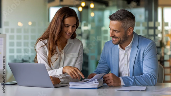 Fototapeta A professional office meeting scene with two business people reviewing documents at a modern desk.