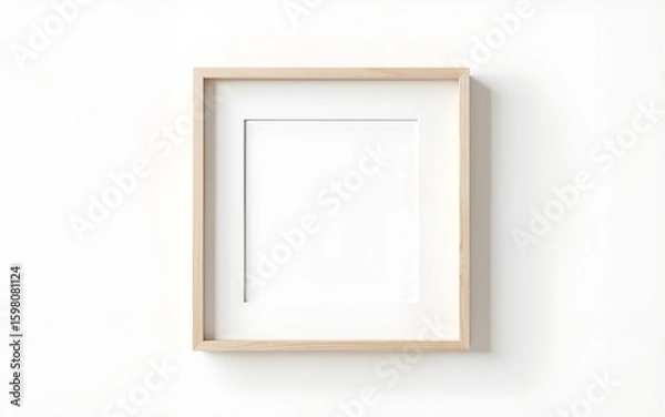 Fototapeta AI Image a minimalist, light wood picture frame with a white matte hangs on a clean white wall, perfect as a mockup for artwork or photos. High quality