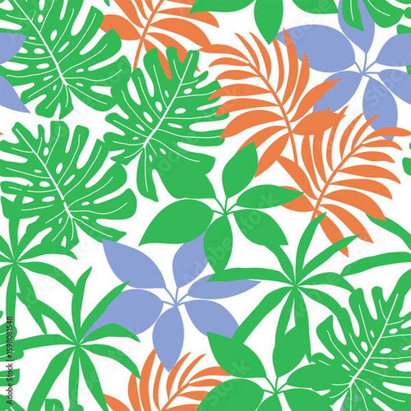 Fototapeta Abstract seamless tropical pattern with bright plants and leaves on a light background. Seamless exotic pattern with tropical plants. Vector design. Jungle print. Floral background. 