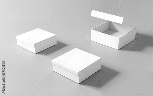 Fototapeta Three pristine white boxes rest on a neutral gray surface, casting subtle shadows. One is closed, another is open, and a third is partially visible. High quality