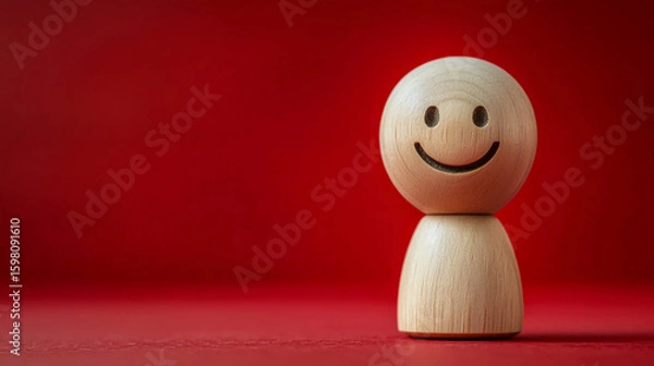 Fototapeta Wooden smiley face figure red background happy face toy positive mood simple design cheerful expression art
