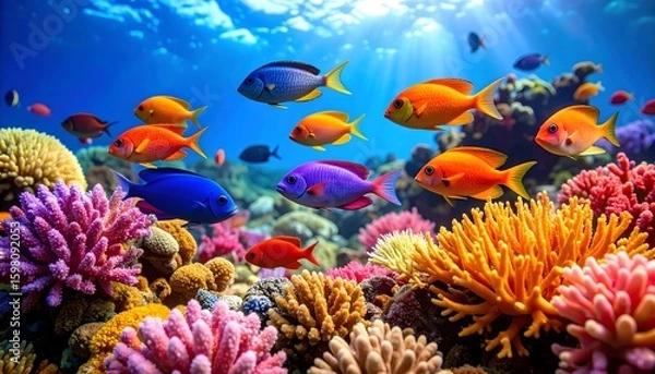 Obraz Colorful fish swim amongst coral reefs
