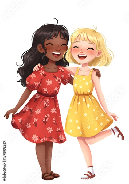 Fototapeta Illustration of Two Happy Girls in Summer Dresses on Transparent Background