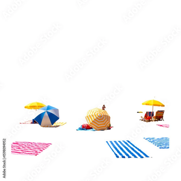 Fototapeta Beach Scene Illustration with Umbrellas, Beach Towels and Chairs