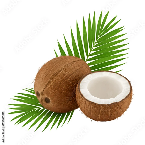 Fototapeta Realistic Photo of Fresh Coconuts and Palm Frond Isolated on Black