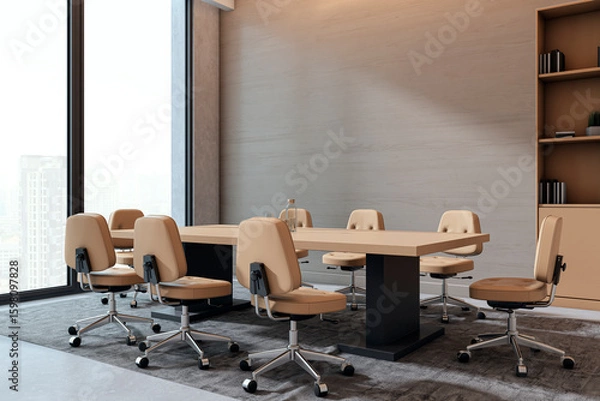 Fototapeta Modern corporate boardroom interior with beige chairs and minimalist furniture design in a corner office with city view and natural light. 3D Rendering