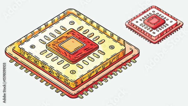 Fototapeta Illustration of two computer chips with visible pins and square design elements in yellow and red hues