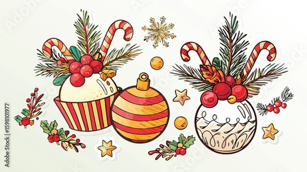 Fototapeta Festive christmas ornaments and cupcakes with candy canes and berries in a watercolor style design