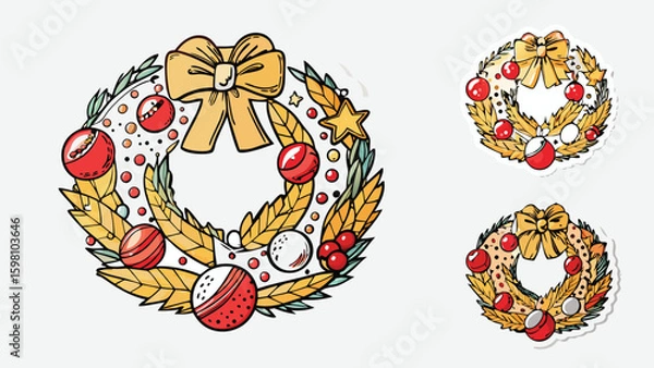 Fototapeta Illustration of christmas wreaths decorated with ornaments bow star and leaves for festive season decor