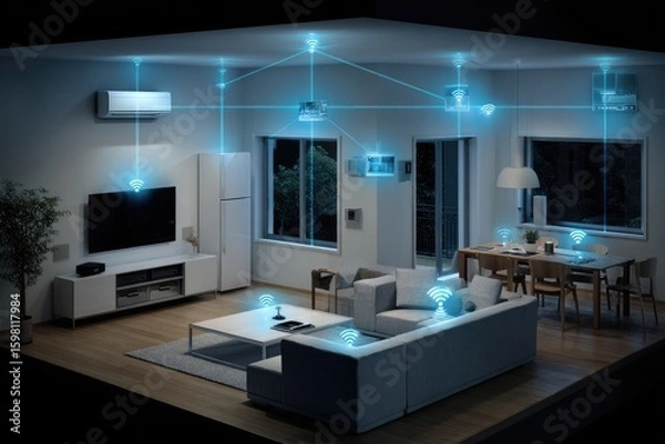 Fototapeta Smart home interior at night, showing interconnected devices