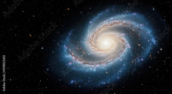 Obraz Spiral galaxy with swirling arms of blue and pink hues against a dark backdrop of stars.