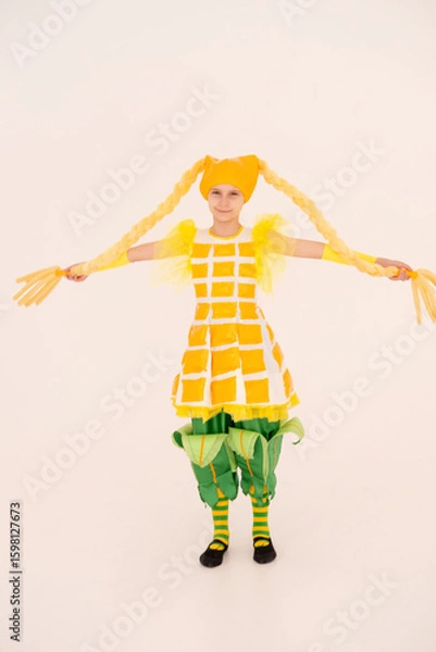Obraz Cheerful girl having fun, dancing and laughing on light background in yellow corn costume with funny facial expression in empty space. vertical.