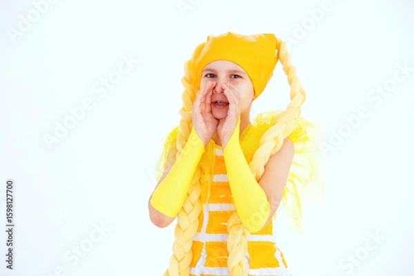 Obraz Cheerful girl in yellow corn costume having fun, dancing and laughing on light background with funny expression in empty space. Great promo video for announcement sharing news. Sale