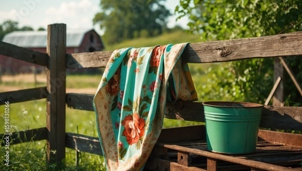Obraz A towel with a floral pattern hanging on a wooden fence with a green bucket nearby in a rural outdoor setting.