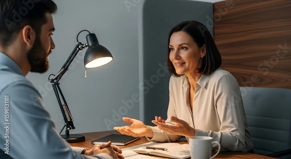 Fototapeta Business Professional Discussing Growth Strategy With Associate In Modern Office Space