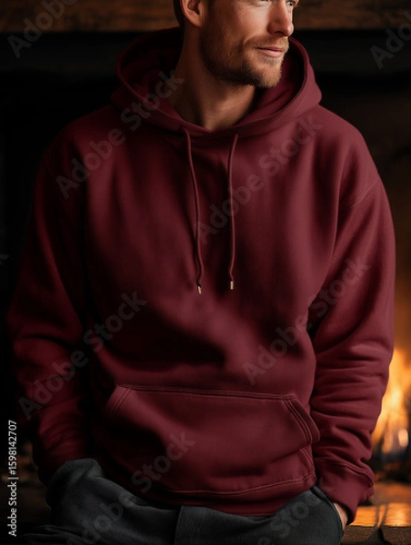 Obraz Young man in burgundy hoodie sitting by fireplace indoors  