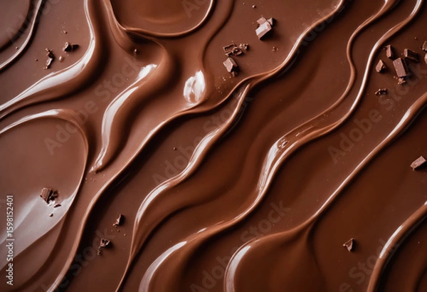 Fototapeta Waves of smooth, melted dark chocolate with chocolate pieces in them. A rich and delicious food background.