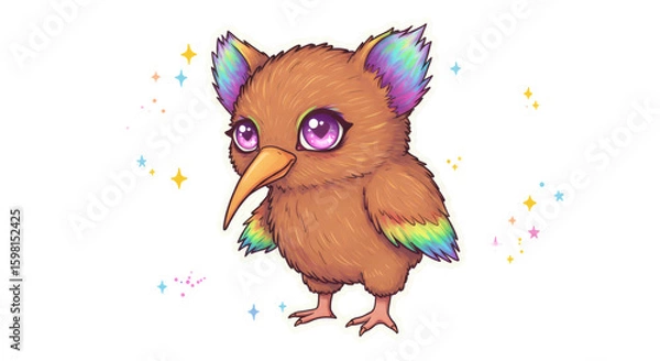 Fototapeta Cute Pixel Art Rainbow Kiwi Bird with Sparkles on Transparent Background