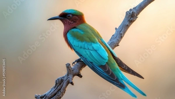 Fototapeta Colorful bird perched on a branch with vibrant feathers and a blurred background.