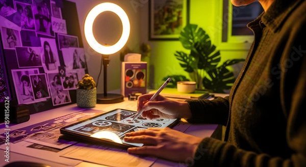 Fototapeta Creative Designer Working On Tablet With Ring Light In Home Workspace
