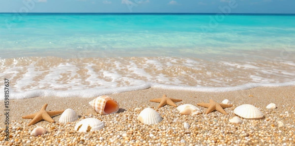 Fototapeta Seashell starfish sand beach ocean tranquil summer nature scene with gentle waves