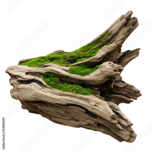 Fototapeta Isolated Driftwood with Green Moss on Black Background