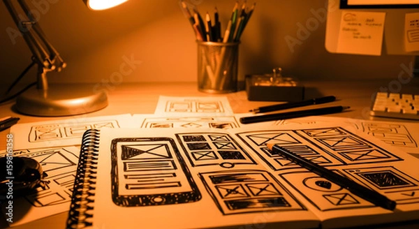 Fototapeta Creative Workspace Mobile App Wireframing Process And User Interface Design Sketching