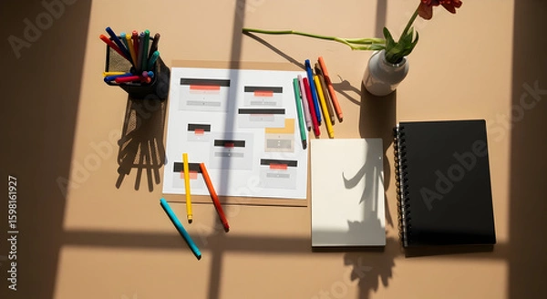 Fototapeta Creative Workspace With Sketches Notebooks And Colored Pencils Top View