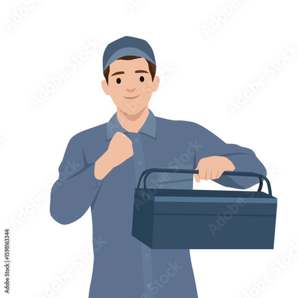 Fototapeta Cheerful mechanic wearing a uniform and cap, confidently holding a toolbox. Flat vector illustration isolated on white background