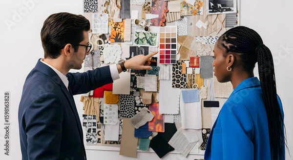 Fototapeta Designers Discussing Color Palette For Interior, Textile Project In Creative Studio
