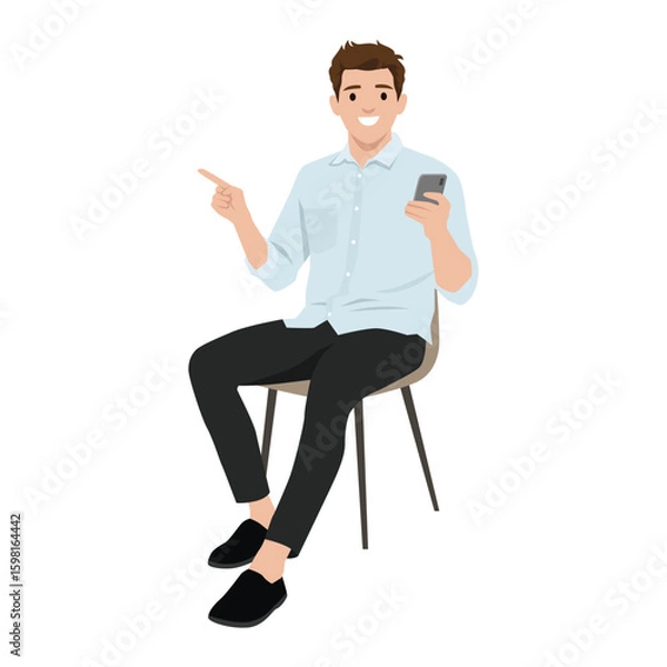 Fototapeta Smiling Man Sitting with Phone while pointing with the other. Flat vector illustration isolated on white background