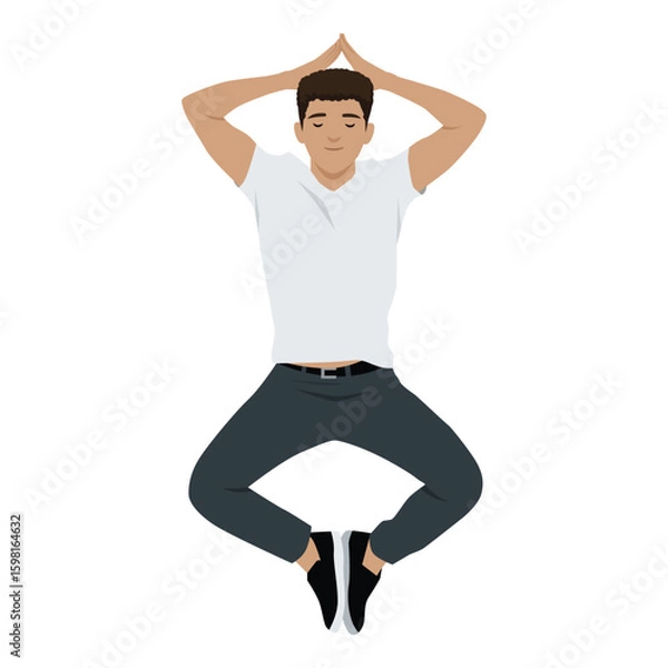 Fototapeta Man Meditating in Mid Air Jump. Flat vector illustration isolated on white background