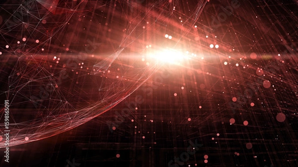 Fototapeta Futuristic red sphere cyberspace network with spot light lines and dots illustration.