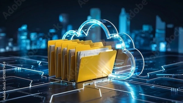 Obraz Digital cloud storage concept with glowing blue cloud icon protecting a stack of yellow file folders on a futuristic circuit board