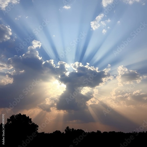 Obraz Dramatic sun rays breaking through stormy clouds at sunset