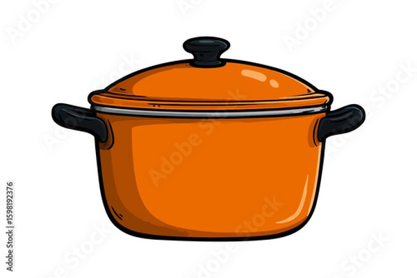 Fototapeta Charming orange cooking pot illustration with a black lid on a white background