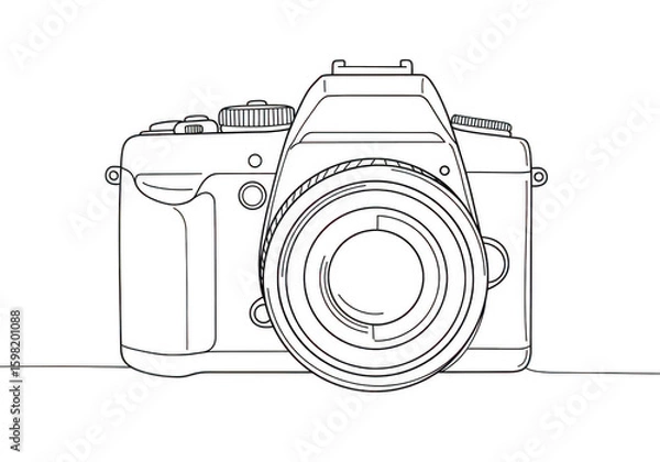 Fototapeta A detailed line drawing of a modern digital camera with a large lens capturing the