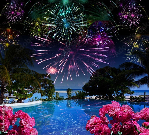 Obraz Bright festive fireworks over the sea and the beach