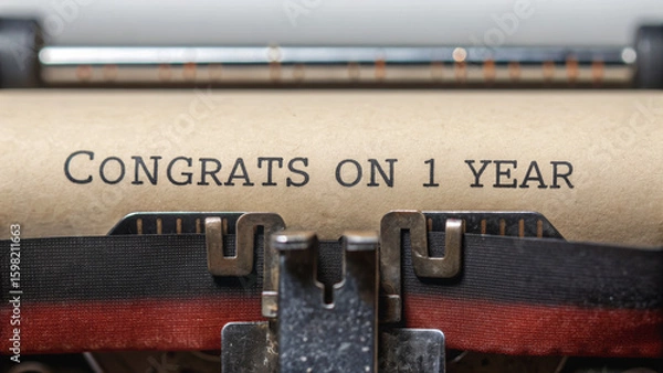 Obraz Happy Work Anniversary and thank you. Vintage typewriter with the message "Congrats on 1 year" displayed on its paper.