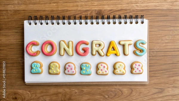 Fototapeta Happy Work Anniversary and thank you. Colorful cookies spell out "CONGRATS" on a spiral notebook, celebrating a joyful occasion on a wooden surface.