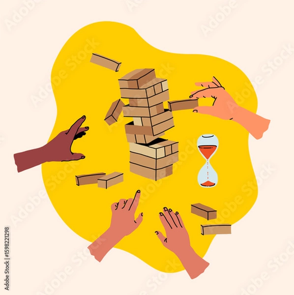 Fototapeta Creative board game hobbies. Human arms actively playing a tabletop game. Game elements like dice, cards, and pawns. Fun social activity. Vector illustration