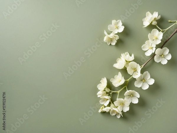 Fototapeta Minimalist flat lay of white flowers on a sage green background. Simple, clean, and elegant template with empty copy space.