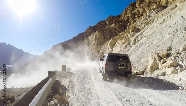 Fototapeta Offroad vehicle traversing a rugged mountain pass kicking up dust on a gravel road with a bright sun and clear blue sky in a mountainous region