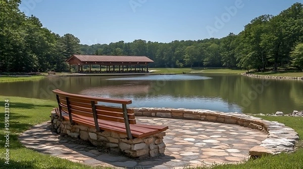 Fototapeta Lakeside bench in a park with a gazebo.