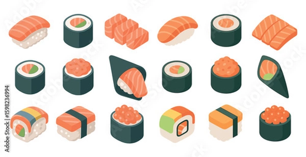 Fototapeta Sushi and culinary icons set – isometric, flat, japanese food symbols and graphics